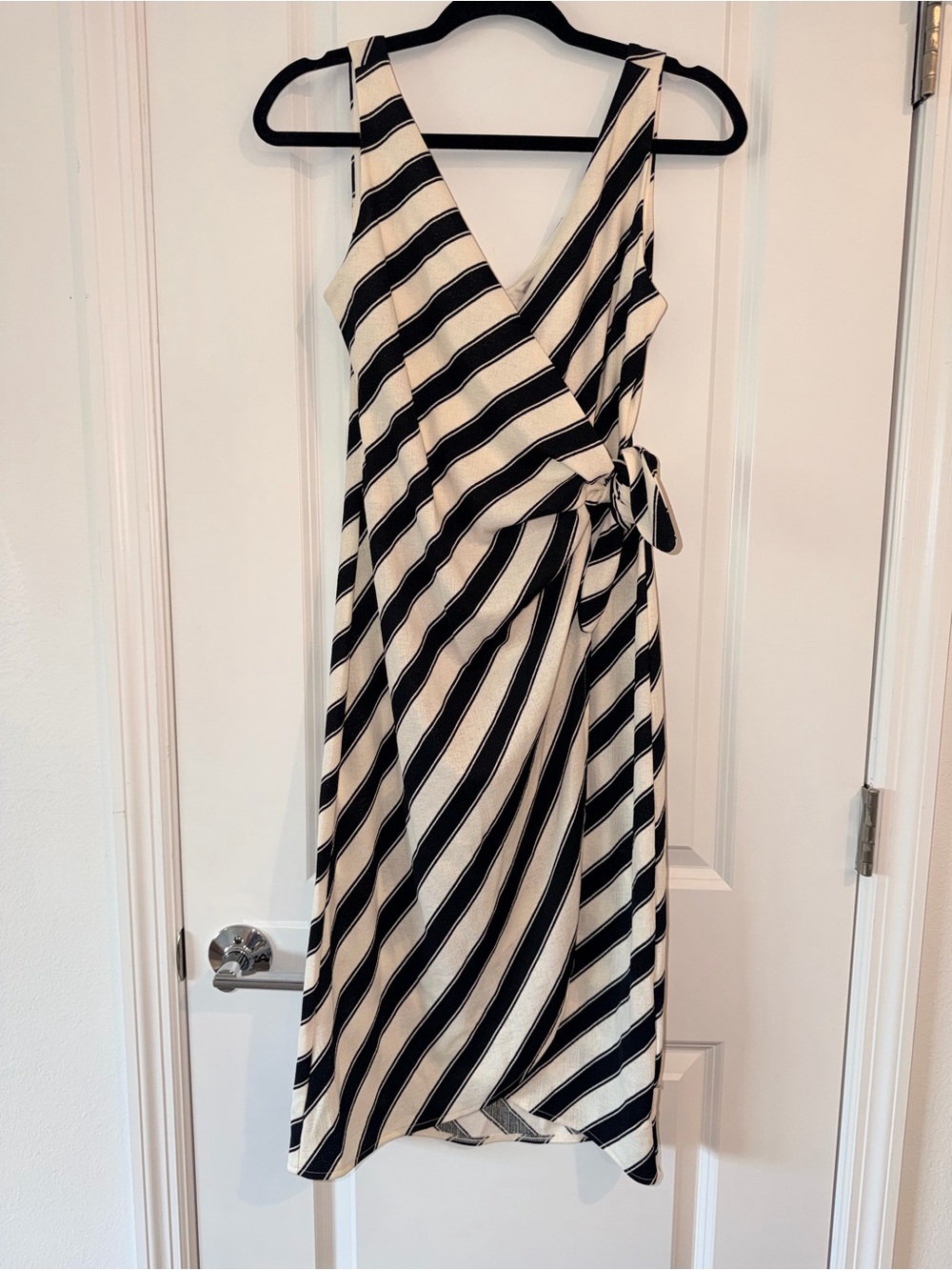 H&M Black and Cream Striped Wrap Midi Dress